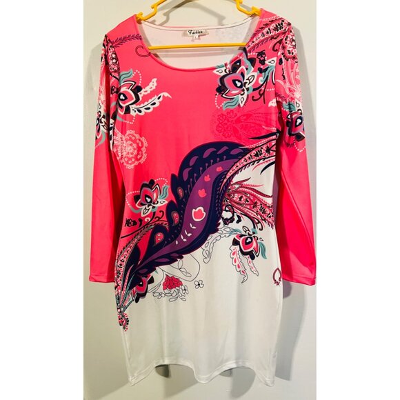 Fashion Dresses & Skirts - Womens Fashion Long-Sleeve Floral Print Dress Pink & White Large